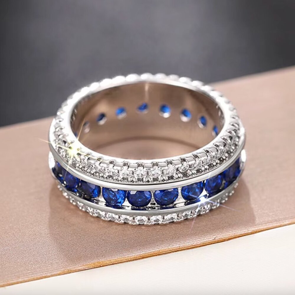 NEW 18k White Gold Sapphire Diamond Eternity Ring - Picture 6 of 7